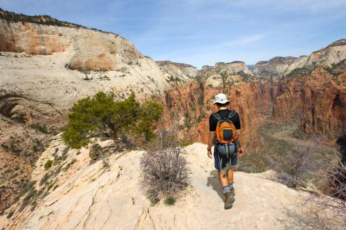 Al Hartmann  |  The Salt Lake Tribune
Hiker looks into the valley floor of Zion Canyon from the top of Angel's Landing Trail in Zion National Park.