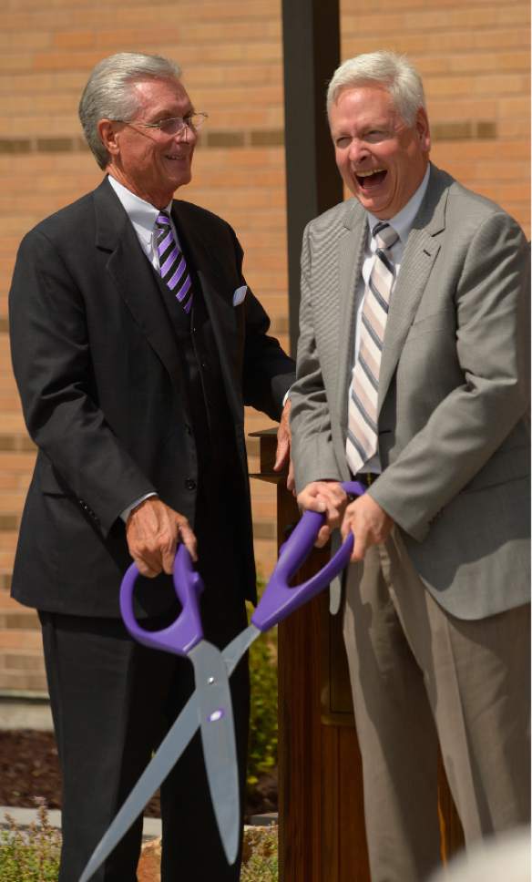 Leah Hogsten  |  The Salt Lake Tribune
l-r Weber State University board of trustees chair laughs with David Hall, son of Tracy Hall for whom the science center is named. Weber State University celebrated the completion of the Tracy Hall Science Center for scientific, mathematical and engineering learning and research, Wednesday, August 24, 2016.