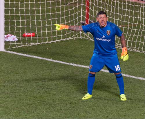 Michael Mangum  |  Special to the Tribune

Real Salt Lake goalkeeper Nick Rimando (18) yells to his defenders during their MLS match against the Chicago Fire at Rio Tinto Stadium in Sandy, Utah on Saturday, August 6th, 2016. Real Salt Lake won 3-1, and with the win Rimando moved to first place in all-time wins in MLS.