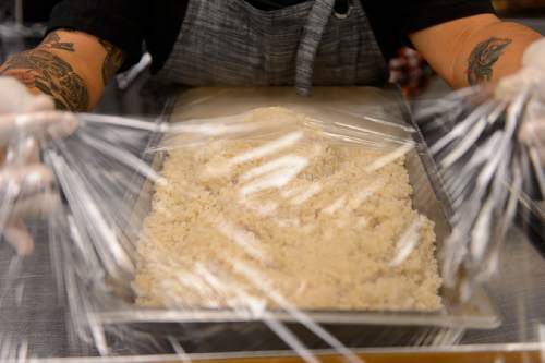 Trent Nelson  |  The Salt Lake Tribune
Angelica Phengpaseut covers a batch of rice for the Utah Community Action Program's hot school meal program in Salt Lake City on Tuesday, Aug. 16, 2016.