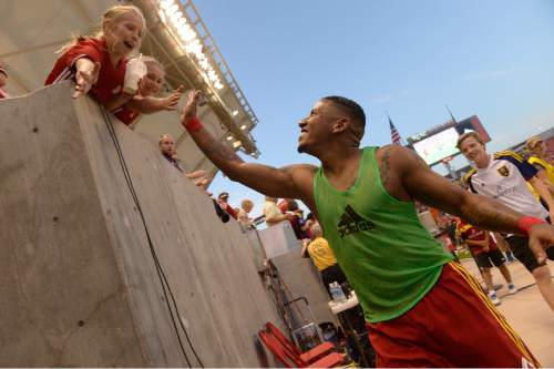 Leah Hogsten  |  The Salt Lake Tribune
Real Salt Lake forward Joao Plata (10) celebrates with fans while leaving the field. Salt Lake defeated the Colorado Rapids 2-1 during their Rocky Mountain Championship Cup game at Rio Tinto Stadium Friday, August 26, 2016.