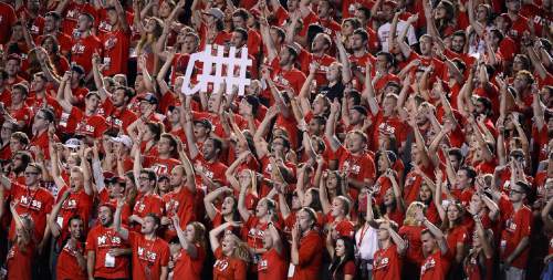Scott Sommerdorf   |  The Salt Lake Tribune
The MUSS - the Utah student section - gets rowdy on a 3rd down play during first half play. Utah and Utah State were tied 14-14 at the half at Rice-Eccles, Friday, September 11, 2015.