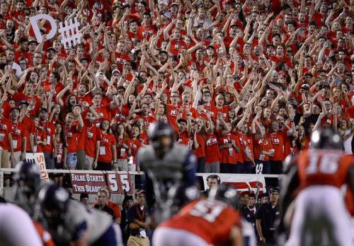 Scott Sommerdorf   |  The Salt Lake Tribune
The MUSS - the Utah student section - gets rowdy on a 3rd down play during first half play. Utah and Utah State were tied 14-14 at the half at Rice-Eccles, Friday, September 11, 2015.