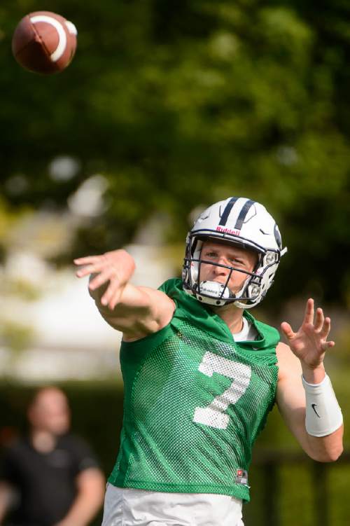 Trent Nelson  |  The Salt Lake Tribune
BYU quarterback Taysom Hill at the first BYU fall camp practice under new coach Kalani Sitake, Friday August 5, 2016 in Provo.