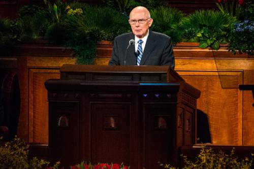 Chris Detrick  |  The Salt Lake Tribune
Dallin H. Oaks, Quorum of the Twelve Apostles, speaks during the 185th Annual LDS General Conference Saturday April 4, 2015.