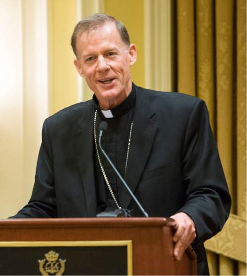 Rick Egan  |  The Salt Lake Tribune
Archbishop John C. Wester says a few words during his reception at the Little America on Sunday, May 31, 2015.