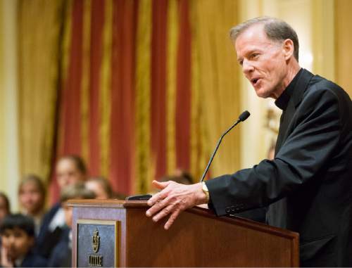 Rick Egan  |  The Salt Lake Tribune

Archbishop John C. Wester says a few words during his reception at the Little America on Sunday, May 31, 2015.
