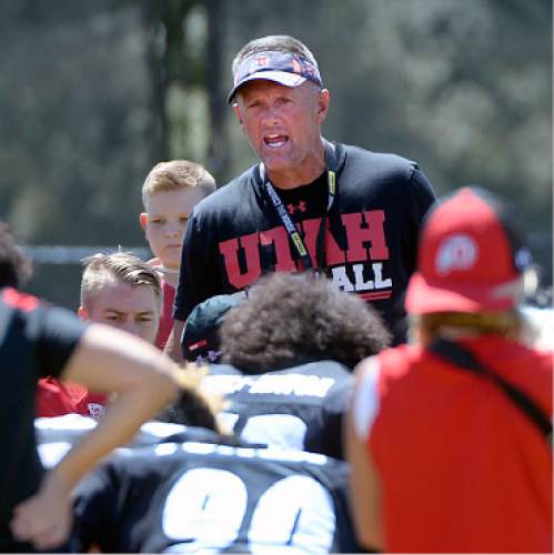 Al Hartmann  |  The Salt Lake Tribune 
Ute head coach Kyle Whttingham gives a spirited talk to players at the end of practice Tuesday Aug. 9.