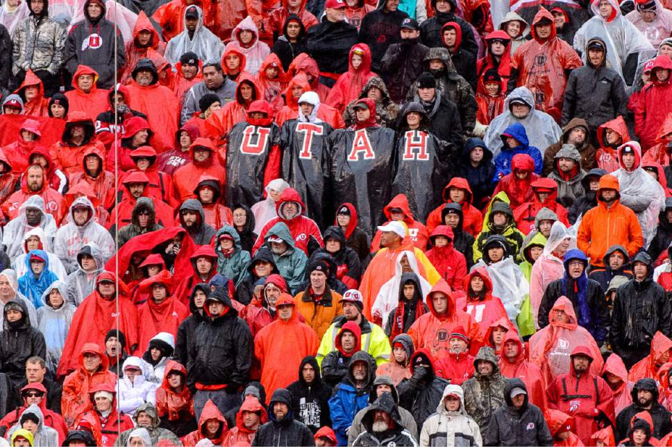 Trent Nelson  |  The Salt Lake Tribune
Utah fans watch through the rainfall as the University of Utah Utes hosts the Arizona Wildcats, college football at Rice-Eccles Stadium in Salt Lake City Saturday November 22, 2014.