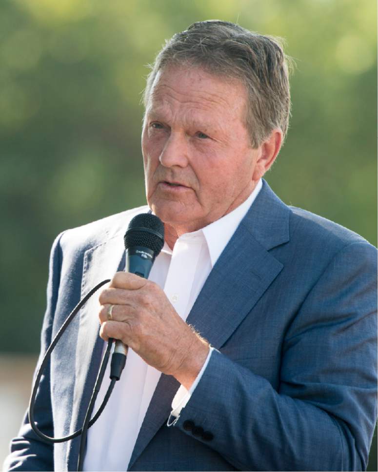 Rick Egan  |  The Salt Lake Tribune

Sen. Jerry Stevenson says a few words during a ceremony to complete improvements in Layton including a ThrU Turn, a single-point urban interchange and additional lanes at Hill Field Road and I-15, Wednesday, August 31, 2016.