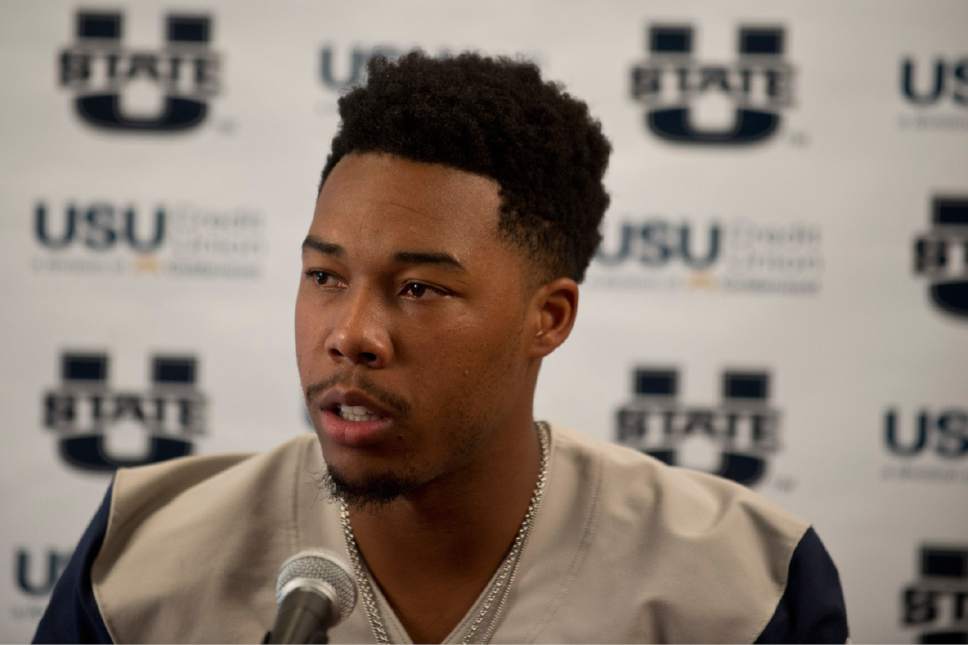 Lennie Mahler  |  The Salt Lake Tribune

Utah State University quarterback Kent Myers answers questions during media day in Logan, Utah, Thursday, Aug. 4, 2016.