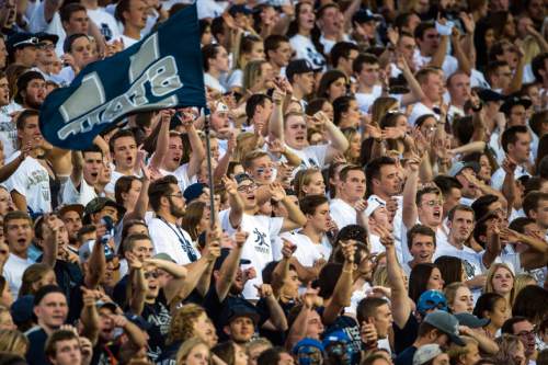 Chris Detrick  |  The Salt Lake Tribune
Utah State fans cheer during the game at Maverik Stadium Thursday September 1, 2016.