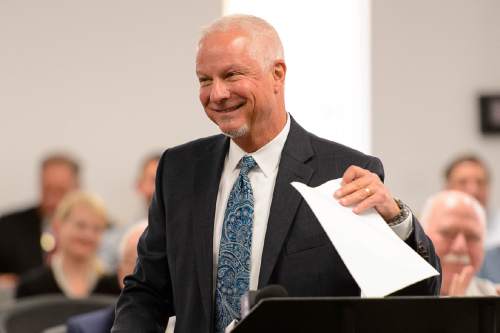 Trent Nelson  |  The Salt Lake Tribune
Jerry Benson smiles after being sworn in as the new president/CEO of the Utah Transit Authority (UTA), Wednesday, August 31, 2016.