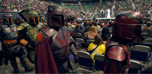 Steve Griffin | The Salt Lake Tribune

Fans get excited as they wait for Mark Hamill and William Shatner to kick off the 2016 Salt Lake Comic Con in the Vivint Smart Home Arena in Salt Lake City on Thursday, Sept. 1, 2016.