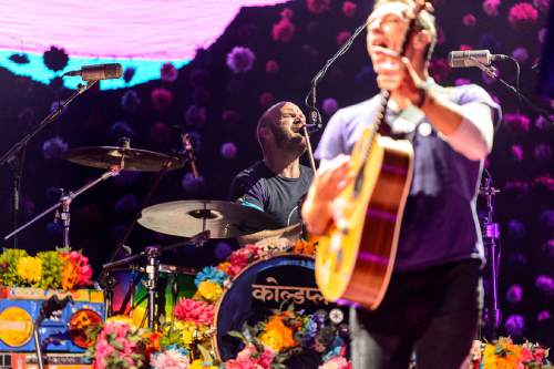 Trent Nelson  |  The Salt Lake Tribune
Coldplay drummer Will Champion and singer Chris Martin perform at Vivint Smart Home Arena in Salt Lake City on Wednesday, Aug. 31, 2016.
