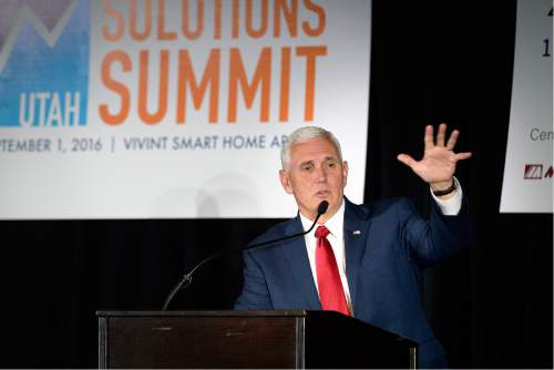 Scott Sommerdorf   |  The Salt Lake Tribune  
Indiana Governor Mike Pence speaks at "Solutions Summit" at Vivint Arena, Thursday, September 1, 2016.