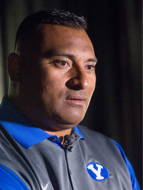 Rick Egan  |  The Salt Lake Tribune

BYU head coach Kalani Sitake answers questions from the press, during the annual football media day at the Broadcasting Building,Thursday, June 30, 2016.