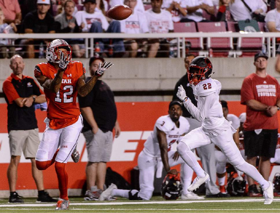 Trent Nelson  |  The Salt Lake Tribune
Utah Utes wide receiver Tim Patrick (12) pulls in a pass and runs for a touchdown as the University of Utah Utes host the Southern Utah University Thunderbirds, NCAA football at Rice-Eccles Stadium in Salt Lake City, Thursday September 1, 2016.