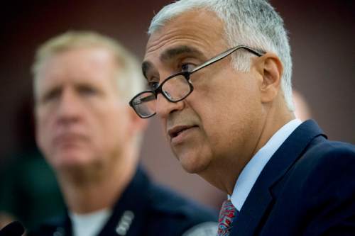 Jeremy Harmon  |  The Salt Lake Tribune

Salt Lake County District Attorney Sim Gill is joined by Sheriff Jim Winder at a press conference on Monday, August 8, 2016, where Gill announced there will be no charges against two Salt Lake City police officers who shot 17-year-old Abdullahi "Abdi" Mohamed.