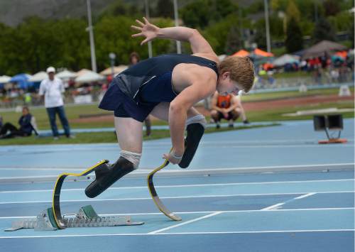 Scott Sommerdorf   |  The Salt Lake Tribune  
Hunter Woodhall of Syracuse explodes out of he blocks and went on to win the boy's 5A 400M with a time of 47.63 at the second day of the state high school track & field meet at BYU, Saturday, May 21, 2016.