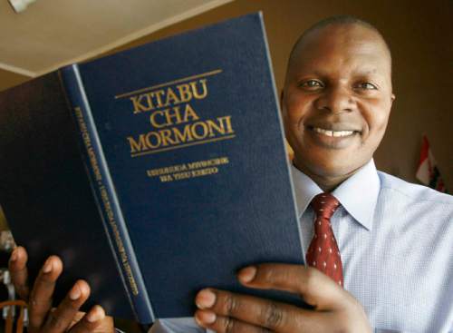 On  Friday, May 23 2008,  Amram Musungu , a native of Kenya and a convert to the LDS Church, holds a Book of Mormon translated into Swahili. Amram is one of two blacks to sing in the Mormon Tabernacle Choir. Paul Fraughton /The Salt Lake Tribune 2008
