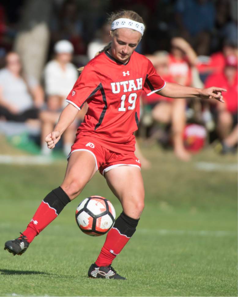 Rick Egan  |  The Salt Lake Tribune

Utah Hailey Skolmoski (19) kicks the ball in soccer action, BYU vs. Utah, at the Ute soccer field, Monday, September 5, 2016.