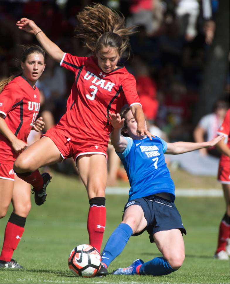 Rick Egan  |  The Salt Lake Tribune

BYU Michele Vasconcelos (7) goes for the ball along with Utah Katie Rogers (3), in soccer action, BYU vs. Utah, at the Ute soccer field, Monday, September 5, 2016.