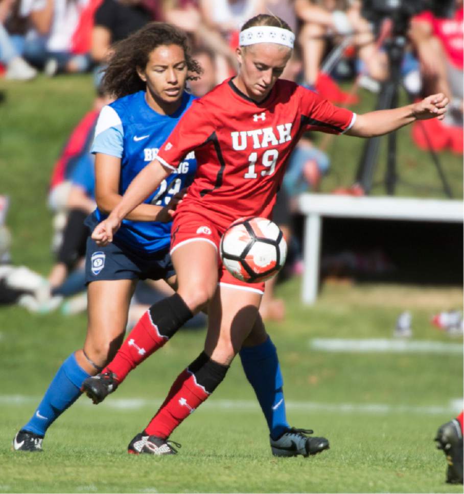 Rick Egan  |  The Salt Lake Tribune

BYU Alyssa Jefferson (29) defends as Utah Hailey Skolmoski (19) kicks the ball, in soccer action, BYU vs. Utah, at the Ute soccer field, Monday, September 5, 2016.