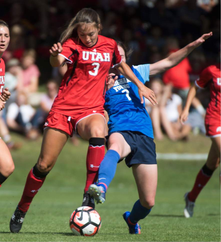 Rick Egan  |  The Salt Lake Tribune

BYU Michele Vasconcelos (7) goes for the ball along with Utah Katie Rogers (3), in soccer action, BYU vs. Utah, at the Ute soccer field, Monday, September 5, 2016.