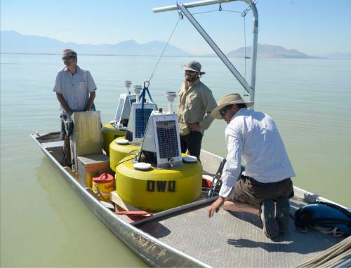 Al Hartmann  |  The Salt Lake Tribune
Environmental scientists with Utah Division of Water Quality leave the Utah Lake Marina boat harbor with three solar buoys housing probes called sonde that should be able to give them a warning when nutrients are building up to the point that they'll have another massive algal bloom like the one in July.