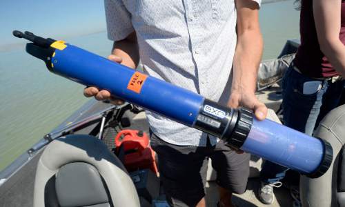 Al Hartmann  |  The Salt Lake Tribune
One of the three sondes or sensors to be placed in solar buoys by the Utah Division of Water Quality in Utah Lake to monitor lake conditions and give a warning when nutrients are building up to the point that they'll have another massive algal bloom like the one in July.