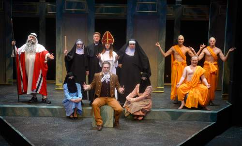 Leah Hogsten  |  The Salt Lake Tribune
The cast of Salt Lake Acting Company's 37th annual "Saturday's Voyeur" by Allen Nevins and Nancy Borgenicht, Tuesday, June 16, 2015. The gods must be crazy is one of the themes of this year's musical sendup of Utah culture.