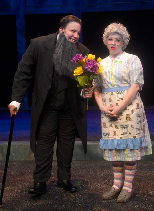 Leah Hogsten  |  The Salt Lake Tribune
Justin Ivie plays Brigham Young, with Jenessa Bowen, who plays a Temple Square docent, in Salt Lake Acting Company's 37th annual "Saturday's Voyeur" by Allen Nevins and Nancy Borgenicht, Tuesday, June 16, 2015.
