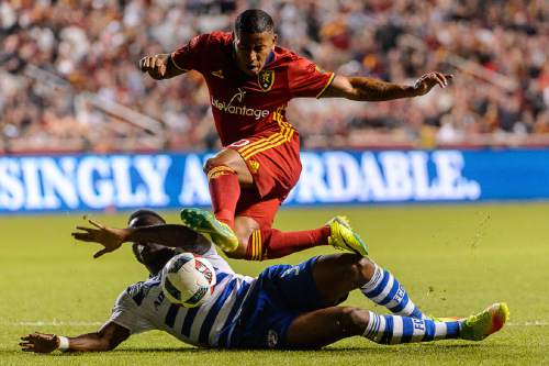 Trent Nelson  |  The Salt Lake Tribune
Real Salt Lake forward Joao Plata (10) leaps over FC Dallas defender Maynor Figueroa (31) as Real Salt Lake faces FC Dallas at Rio Tinto Stadium in Sandy, Saturday August 20, 2016.