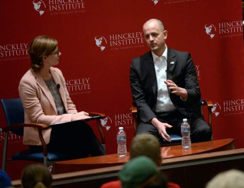 Al Hartmann  |  The Salt Lake Tribune
Evan McMullin, a conservative independent presidential candidate, appears at the Hinckley Institute of Politics at the University of Utah Wednesday September 1.  Institute program manager Morgan Lyon Cotti, left.