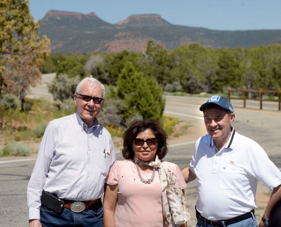 Al Hartmann  |  The Salt Lake Tribune
Utah Senator Orrin Hatch, left, and Gov. Gary Herbert, right, pose for a picture with San Juan County Commissioner Rebecca Benally at a meeting with San Juan County residents and many members of the Navajo and other Native American tribal members over the proposed Bears Ears National Monument.  They three were all in agreement against creating a new monument in San Juan County.  Prominent Bears Ears formation is behind them.