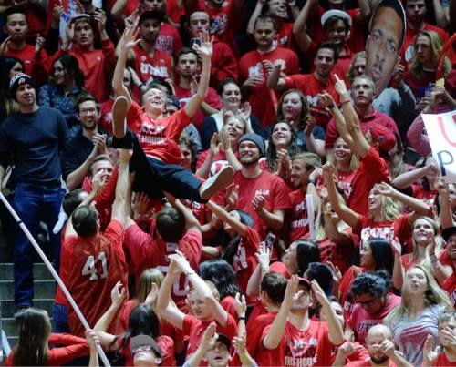 Steve Griffin  |  The Salt Lake Tribune

Utah fans throw each other up in the air as the Utes pull away from the Cougars during second half action in the Utah versus BYU men's basketball game at the Huntsman Center in Salt Lake City, Wednesday, December 2, 2015.