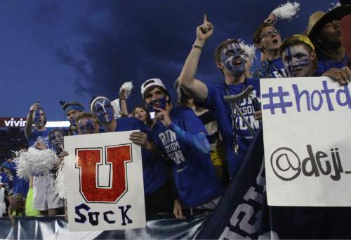 Rick Egan  | The Salt Lake Tribune 

BYU fans cheer for the cougars, as BYU faced The University of Utah game, at Lavell Edwards Stadium, Saturday, September 21, 2013.