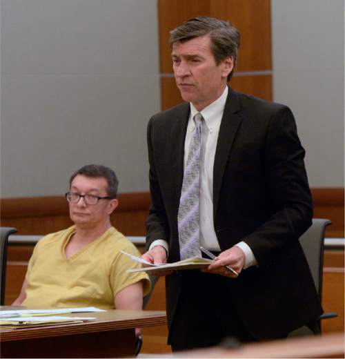 Al Hartmann  |  The Salt Lake Tribune 
Defense lawyer Greg Skordas questions a witness in a preliminary hearing  for his client Larry Graff, 52, charged with first-degree felony murder in the fatal shooting of 26-year-old Candice Christina Melo, in 3rd District Court in West Jordan Wednesday April 8, 2015.