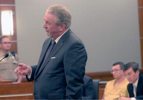 Al Hartmann  |  The Salt Lake Tribune 
Prosecutor Dave Wayment questions a witness in a preliminary hearing for Larry Graff, 52, charged with first-degree felony murder in the fatal shooting of 26-year-old Candice Christina Melo, in 3rd District Court in West Jordan Wednesday April 8, 2015.