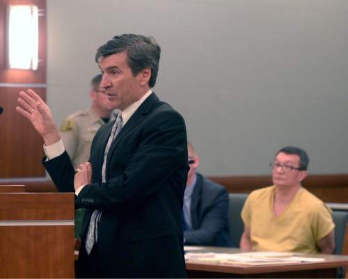 Al Hartmann  |  The Salt Lake Tribune 
Defense lawyer Greg Skordas questions a witness in a preliminary hearing  for his client Larry Graff, 52, charged with first-degree felony murder in the fatal shooting of 26-year-old Candice Christina Melo, in 3rd District Court in West Jordan Wednesday April 8, 2015.