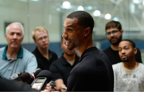 Francisco Kjolseth | The Salt Lake Tribune
The Utah Jazz introduce their new point guard, George Hill, who was officially acquired from the Pacers yesterday after a deal was struck in the days leading up to the NBA draft.