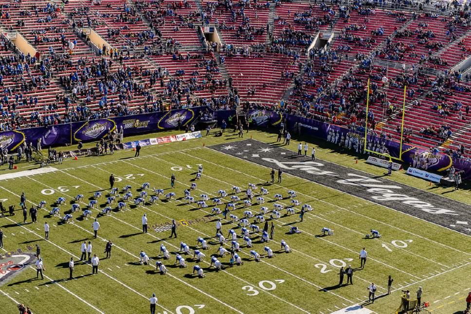 Trent Nelson  |  The Salt Lake Tribune
BYU warms up before kickoff as Utah faces BYU in the Royal Purple Las Vegas Bowl, NCAA football at Sam Boyd Stadium in Las Vegas, Saturday December 19, 2015.