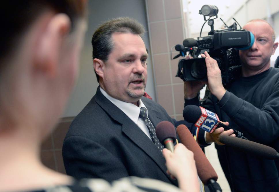 Al Hartmann  |  The Salt Lake Tribune
Davis County prosecutor Troy Rawlings speaks to the plea deal reached for Stephanie Sloop, who was charged with aggravated murder in the death of her son, Ethan Stacy. The plea agreement was reached in in Judge Thomas Kay's courtroom in Farmington Monday November 17, 2014.  Sloop pleaded guilty to aggravated murder and obstruction of justice which the judge and prosecution accepted.  She was sentenced to 20 years to life.