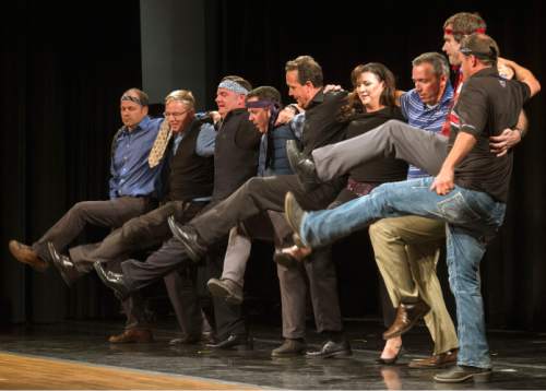 Steve Griffin / The Salt Lake Tribune

Members of the Utah House of Representatives perform the River Dance as they join Mike Winder and Aimee Winder Newton during the Winder-Ful Variety Show at the Utah Cultural Celebration Center in West Valley City Tuesday August 30, 2016.