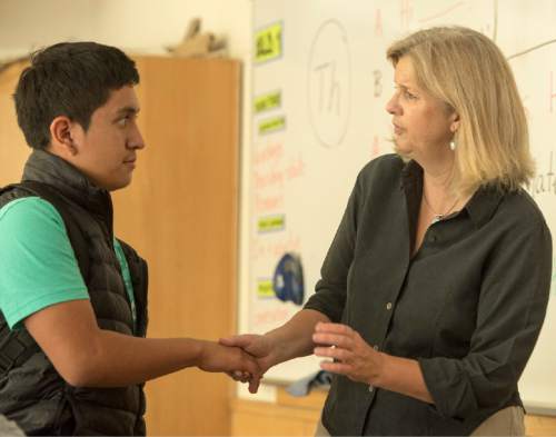 Rick Egan  |  The Salt Lake Tribune

West High teacher Valerie Gates works with Francisco Ortiz, in class at West High School on Monday, Sept. 5, 2016. Gates is the 2016 Utah Teacher of the Year.