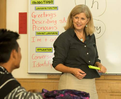 Rick Egan  |  The Salt Lake Tribune

West High teacher Valerie Gates works with students in class at West High School on Monday, Sept. 5, 2016. Gates is the 2016 Utah Teacher of the Year.
