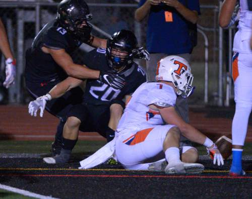 Leah Hogsten  |  The Salt Lake Tribune
Alta's Josh Davis pulls down a touchdown putting Alta in the lead 25-24. Fifth-ranked Alta High School defeated third-ranked Timpview High School during their Region 7 game, September 9, 2016.