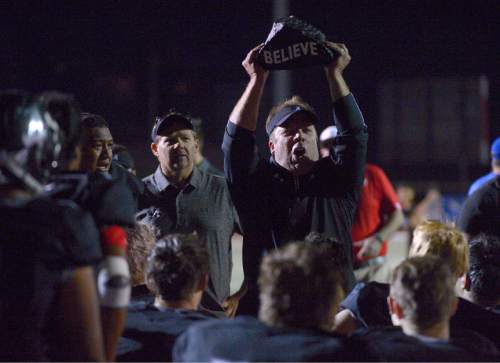 Leah Hogsten  |  The Salt Lake Tribune
Assistant coach Riley Jensen thanks the team after the game for the win. Fifth-ranked Alta High School defeated third-ranked Timpview High School during their Region 7 game, September 9, 2016.