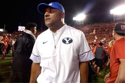 Scott Sommerdorf   |  The Salt Lake Tribune  
BYU head coach Kelani Sitake leaves the field after Utah defeated BYU 20-19, Saturday, September 10, 2016.